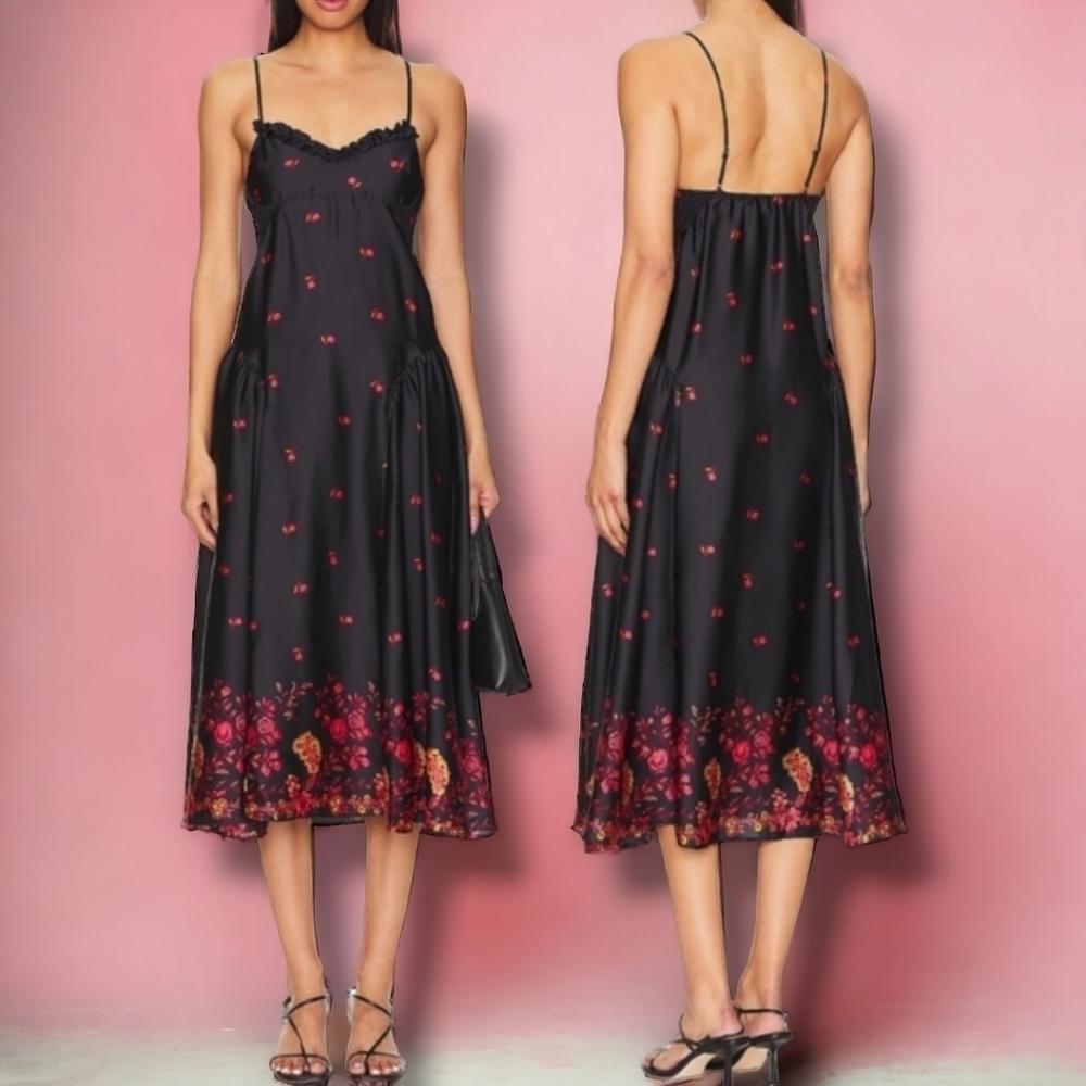 NEW Free People On My Own Printed Maxi Dress In Black Combo Small